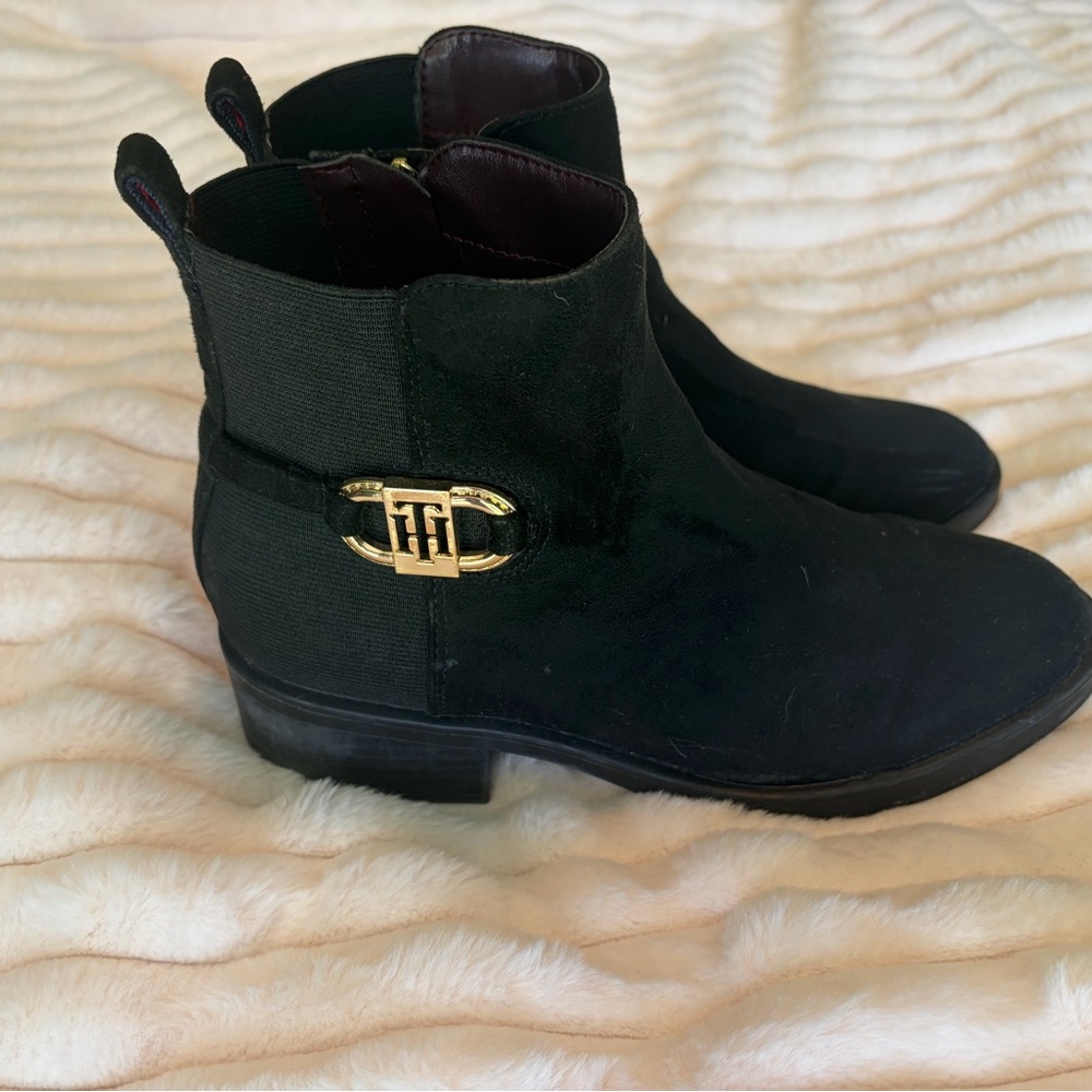 Tommy Hilfiger Black Suede Chelsea Booties with Gold Logo